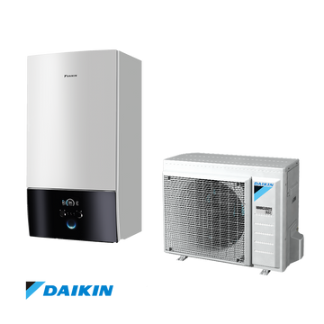 Daikin Altherma EHBX08E9W low-temperature heat pump with compact wall-mounted indoor unit and outdoor unit, eco-friendly R-32 refrigerant, for efficient heating and cooling.