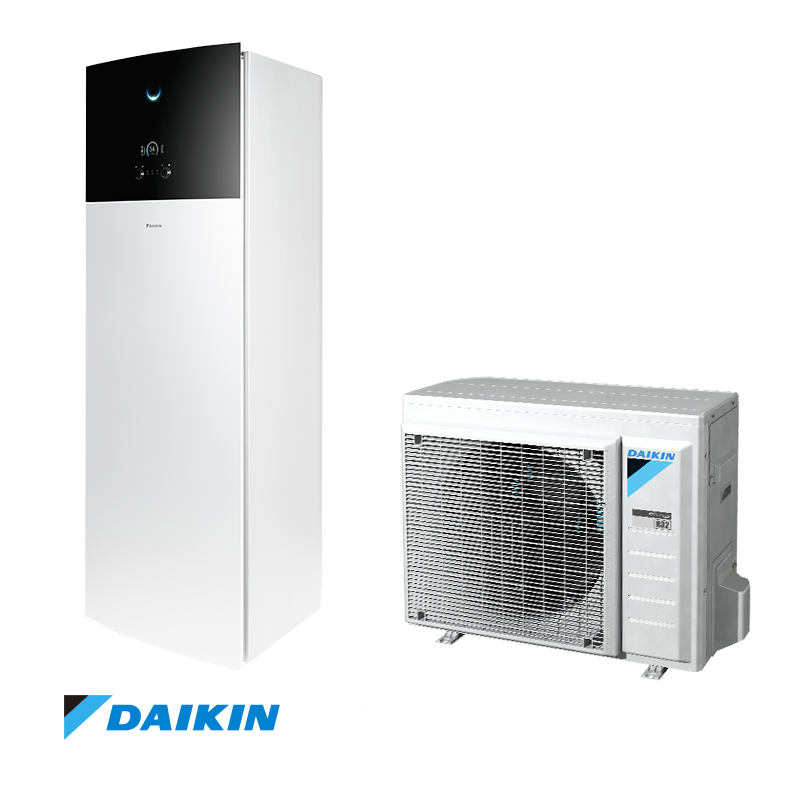 Daikin Altherma EHVX08S18E9W low-temperature heat pump with integrated 180L tank for heating, cooling, and hot water using eco-friendly R-32 refrigerant.