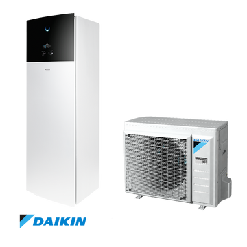 Daikin Altherma EHVX08S18E9W low-temperature heat pump with integrated 180L tank for heating, cooling, and hot water using eco-friendly R-32 refrigerant.