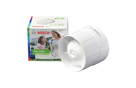 Bosch F1200 D 125 bathroom fan with 125mm outlet, 215m³/h airflow, low noise, and IPX4 moisture protection