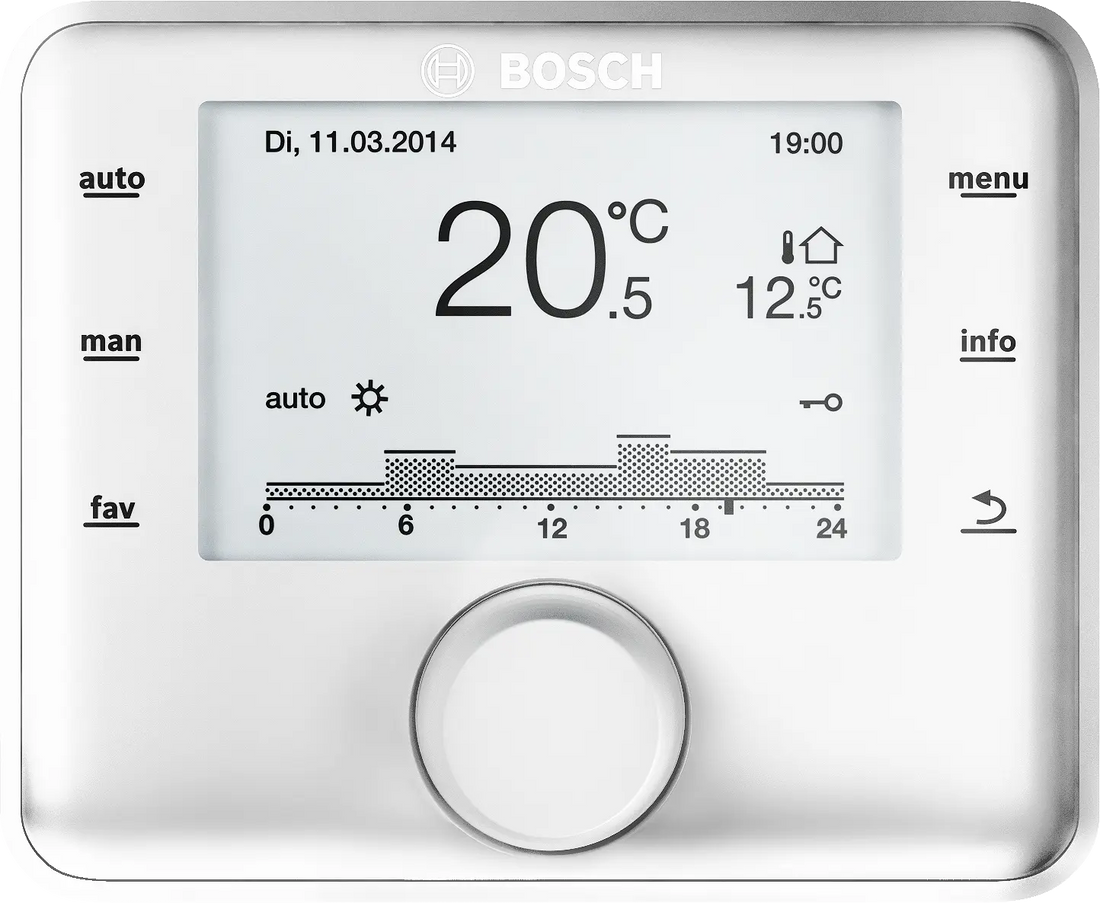 Bosch CW400 outdoor temperature controller with large display and touch buttons showing current indoor temperature and heating schedule graph.