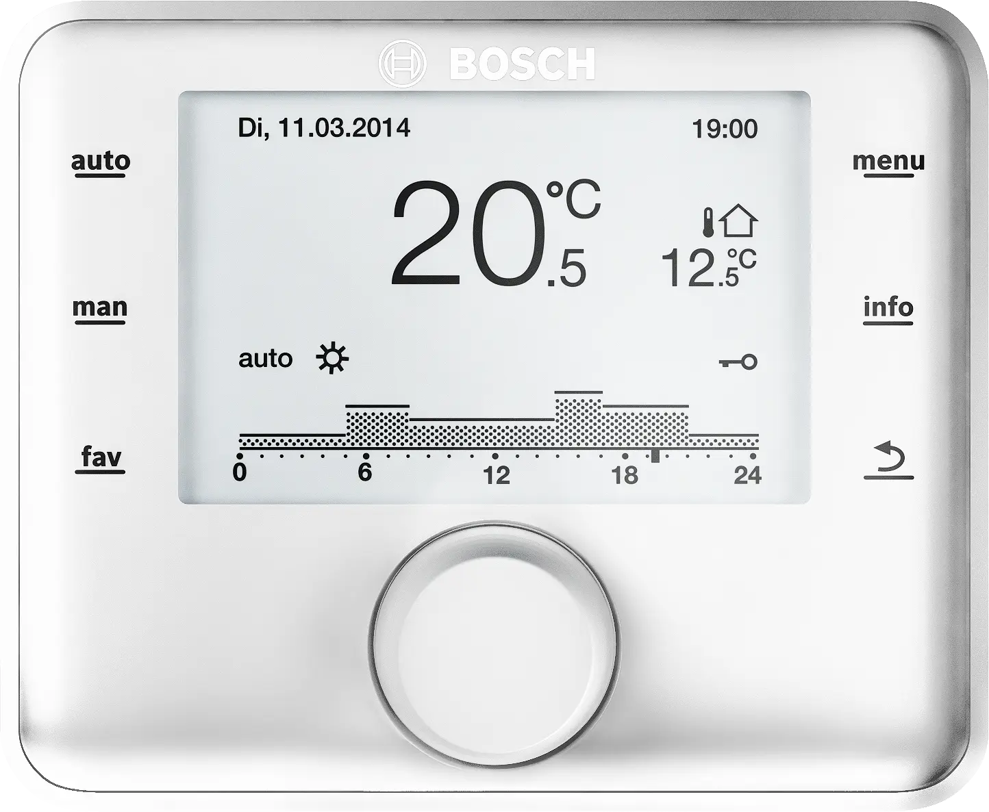 Bosch CW400 outdoor temperature controller with large display and touch buttons showing current indoor temperature and heating schedule graph.