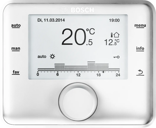 Bosch CW400 outdoor temperature controller with multi-zone heating and solar optimization display