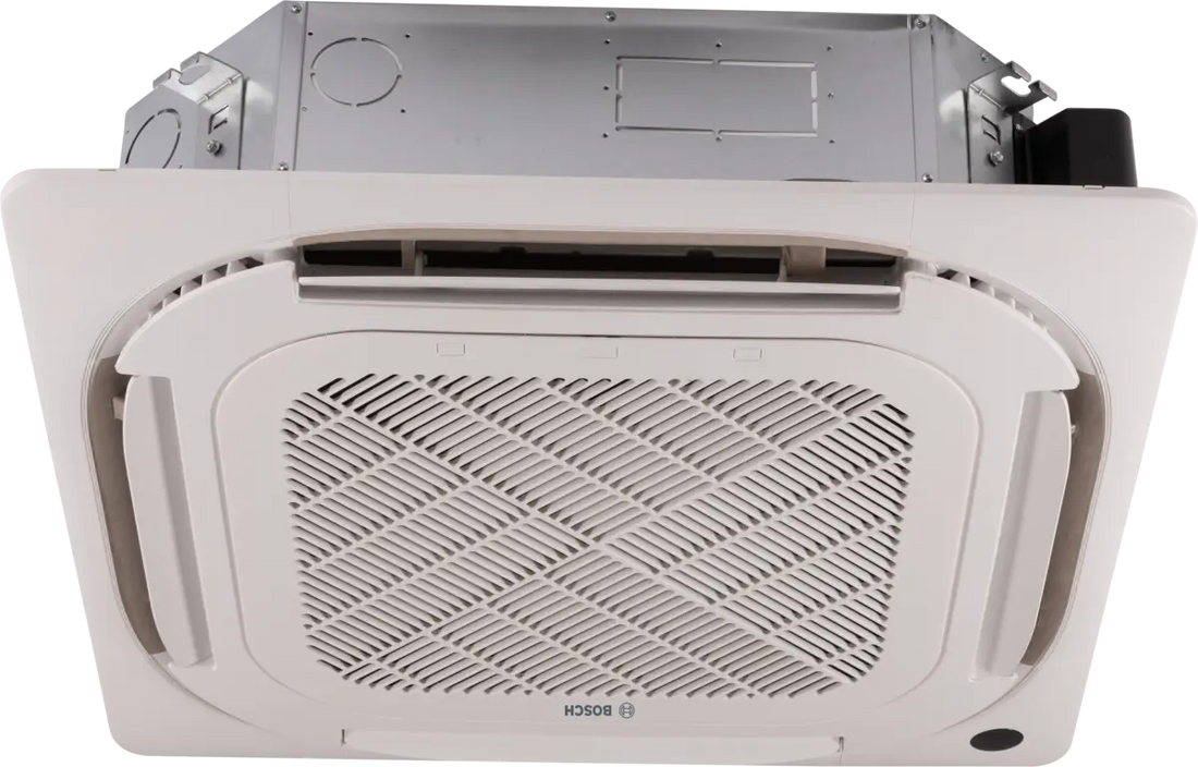 Bosch Climate 5000iU 4-way cassette ceiling air conditioner unit with modern design and built-in temperature sensors.