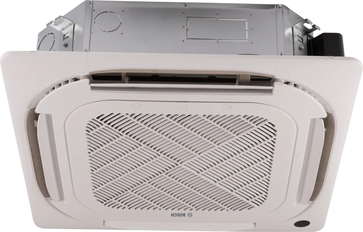 Bosch Climate 5000iU 4-way cassette ceiling air conditioner unit with modern design and built-in temperature sensors.