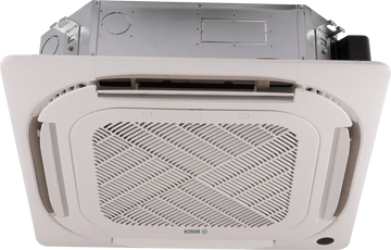 Bosch Climate 5000iU 4-way cassette ceiling air conditioner unit with modern design and built-in temperature sensors.