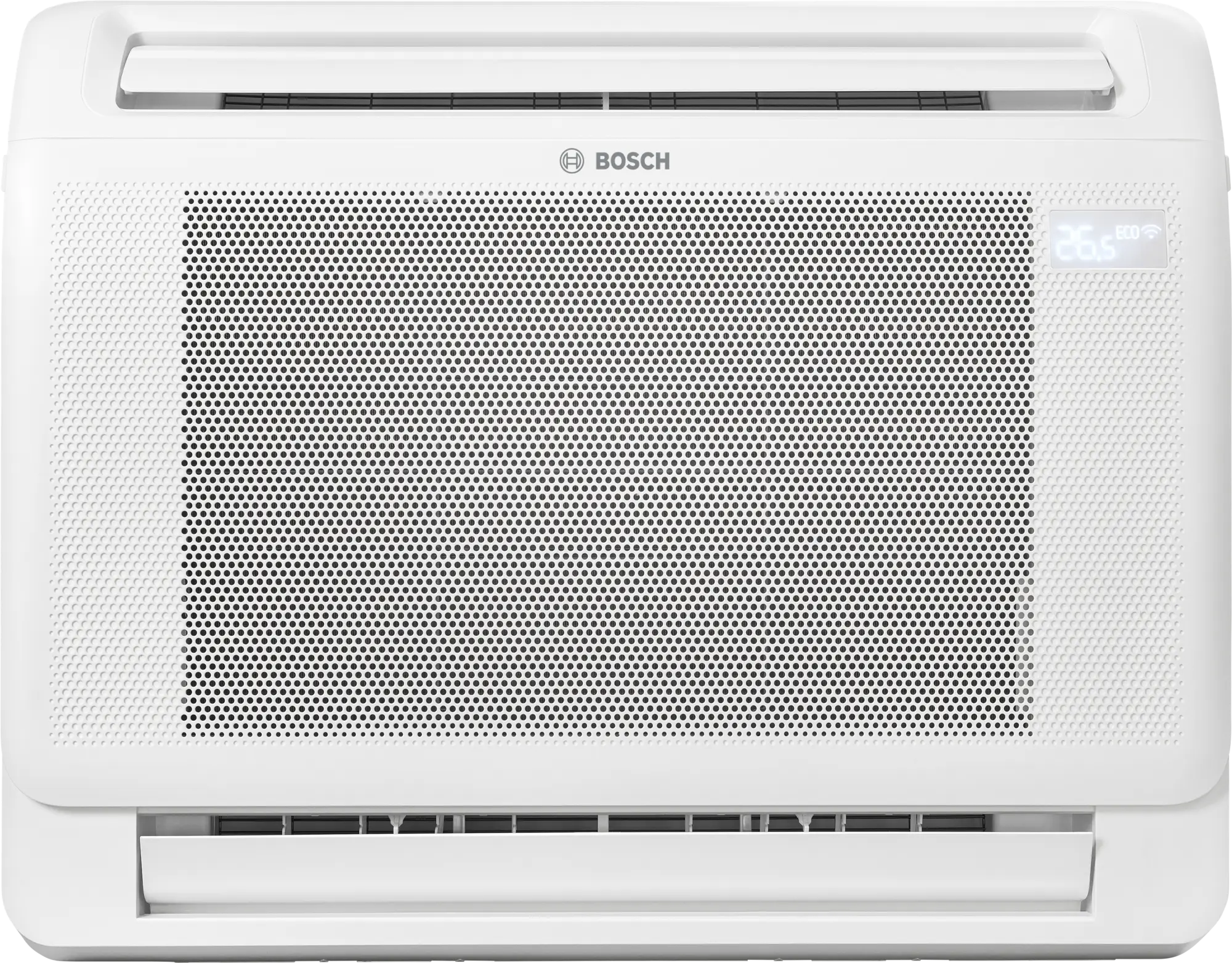 Bosch Climate 5000i M indoor console air conditioner unit with compact white design, digital display, and dual air outlets for efficient cooling and heating.