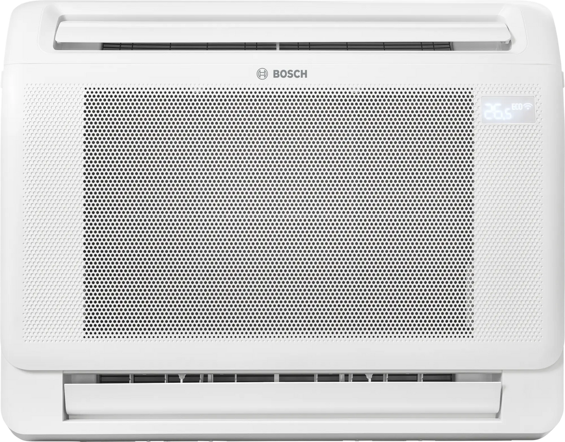 Bosch Climate 5000i M indoor console air conditioner unit with compact white design, digital display, and dual air outlets for efficient cooling and heating.