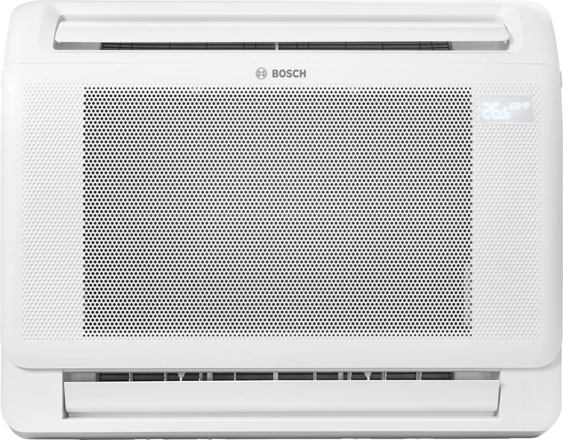 Bosch Climate 5000i M indoor console air conditioner unit with compact white design, digital display, and dual air outlets for efficient cooling and heating.