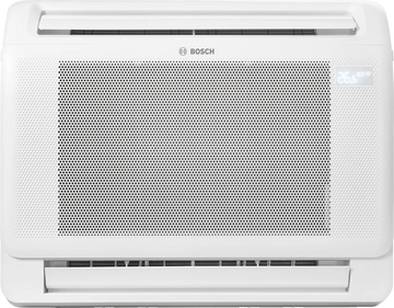 Bosch Climate 5000i M indoor console air conditioner unit with compact white design, digital display, and dual air outlets for efficient cooling and heating.
