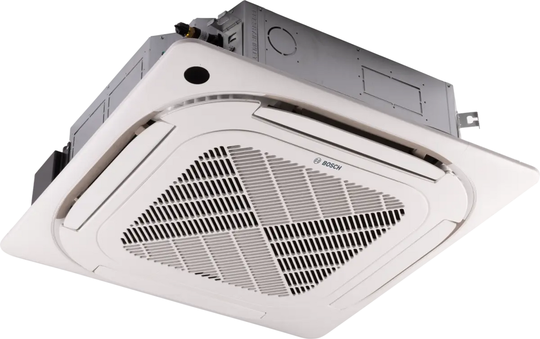 Bosch Climate 5000iU 4-way cassette ceiling air conditioner unit with modern design and built-in temperature sensors.