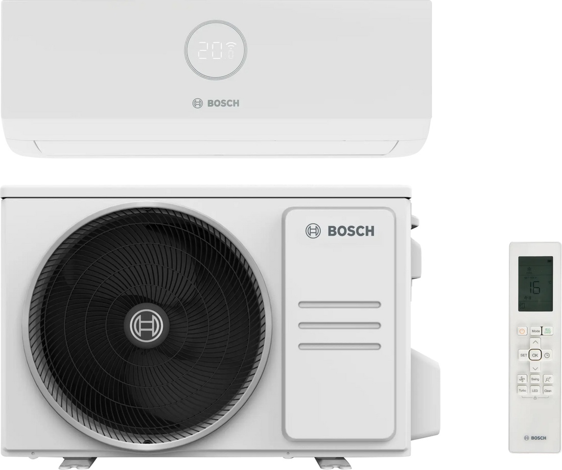 Bosch Climate 3000i indoor air conditioner unit with 3.5 kW cooling, energy-efficient A++ rating, quiet operation, smart Wi-Fi control, and eco-friendly R-32 refrigerant.