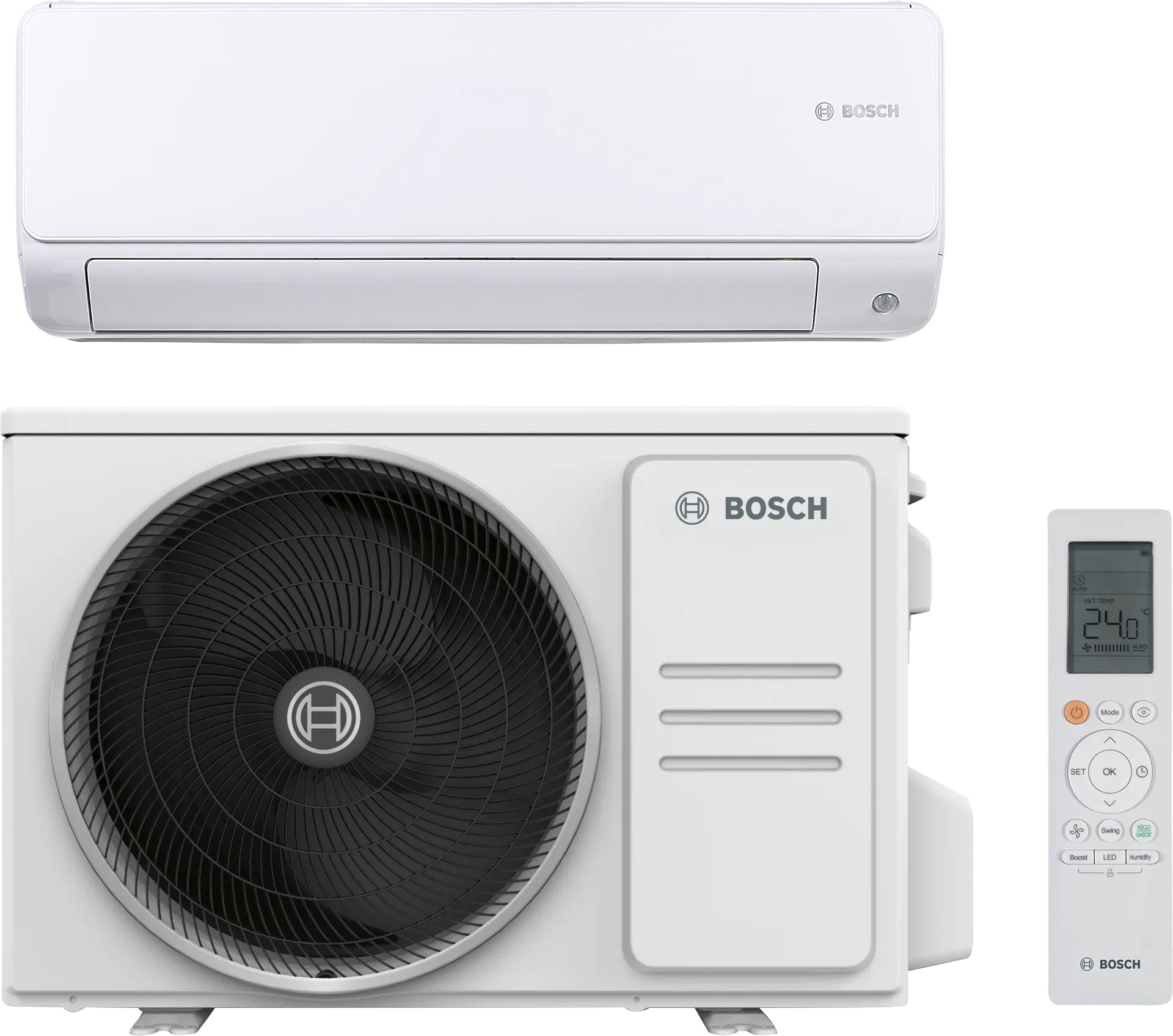 Bosch Climate 6000i inverter air conditioner indoor and outdoor units with remote control, white, 18000 BTU, energy-efficient cooling and heating.