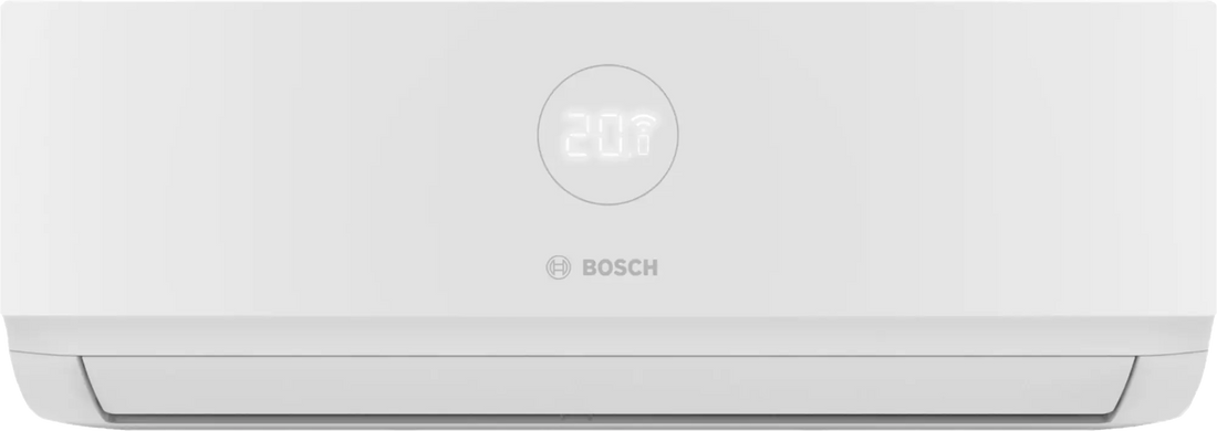 Bosch Climate 3000i indoor air conditioner unit with 3.5 kW cooling, energy-efficient A++ rating, quiet operation, smart Wi-Fi control, and eco-friendly R-32 refrigerant.