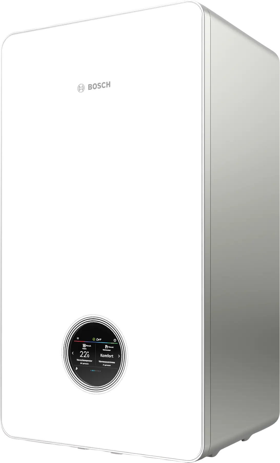 Bosch Condens 7800i W high-efficiency wall-mounted gas boiler with touch display and app control for modern home heating.
