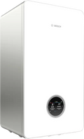 Bosch Condens 7800i W high-efficiency wall-mounted gas boiler with touchscreen display and white glass front panel for modern home heating.