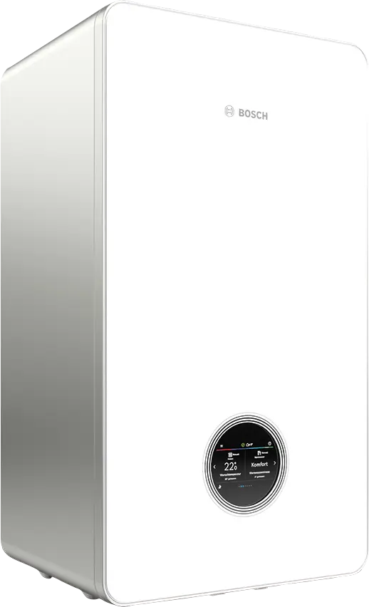 Bosch Condens 7800i W high-efficiency wall-mounted gas boiler with touchscreen display and white glass front panel for modern home heating.