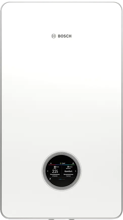 Bosch Condens 7800i W high-efficiency wall-mounted gas boiler with touch display and app control for modern home heating.