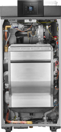 Bosch Condens 7000 WP compact condensing boiler interior for large buildings with advanced control panel and efficient heat exchanger.