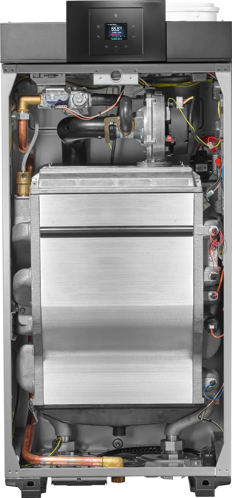 Bosch Condens 7000 WP compact condensing boiler interior for large buildings with advanced control panel and efficient heat exchanger.