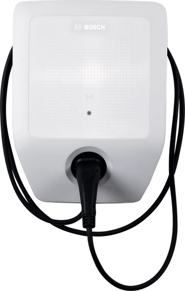 Bosch Power Charge 7000i smart wallbox charger with 7.5m Type 2 cable for electric vehicles, up to 11 kW, LAN and WLAN connectivity, solar energy optimization, and remote app control.
