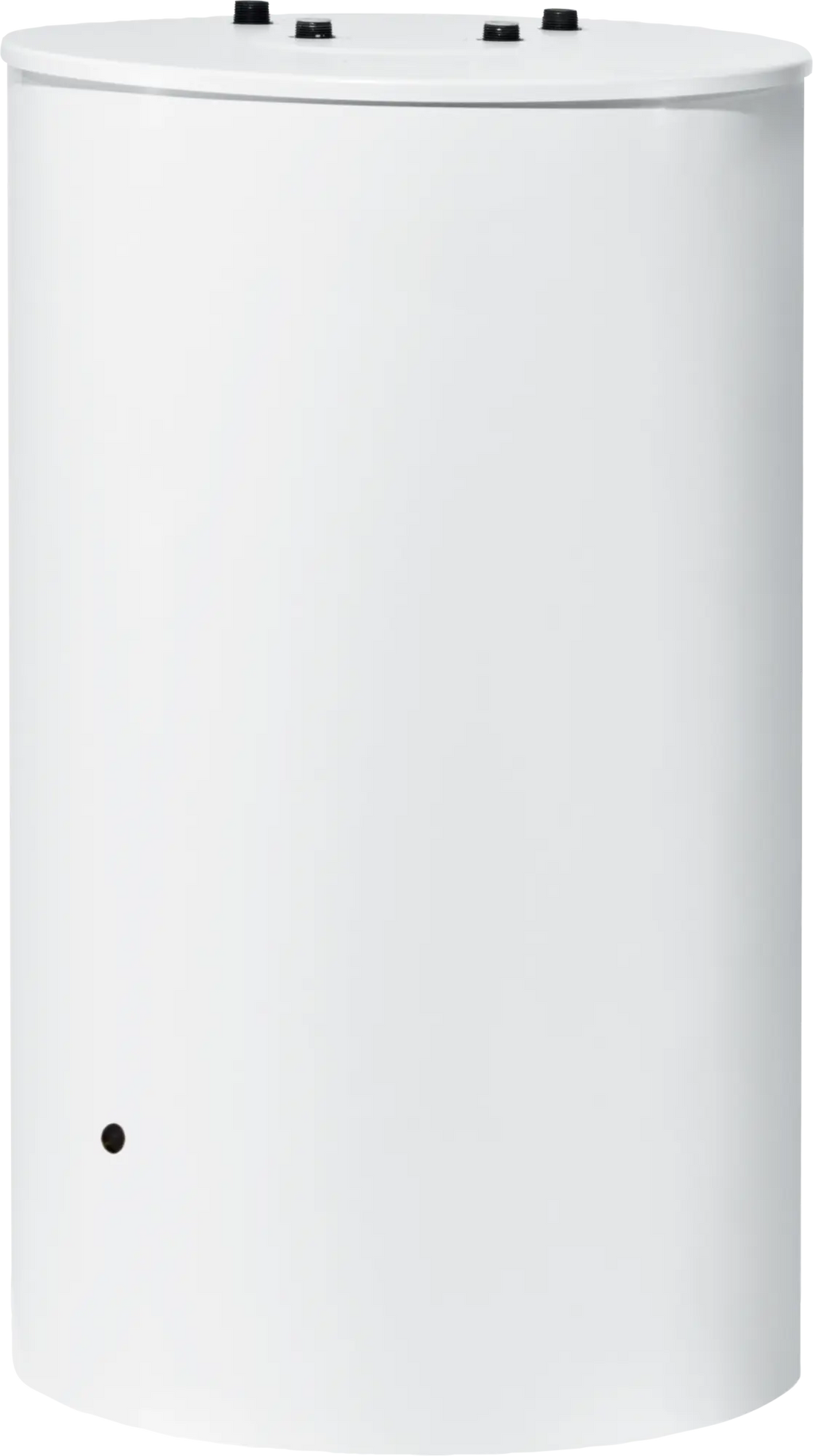 Bosch WSTB 120 O enamelled steel hot water tank with white PVC cover, top-mounted connections, and energy-efficient thermal insulation.