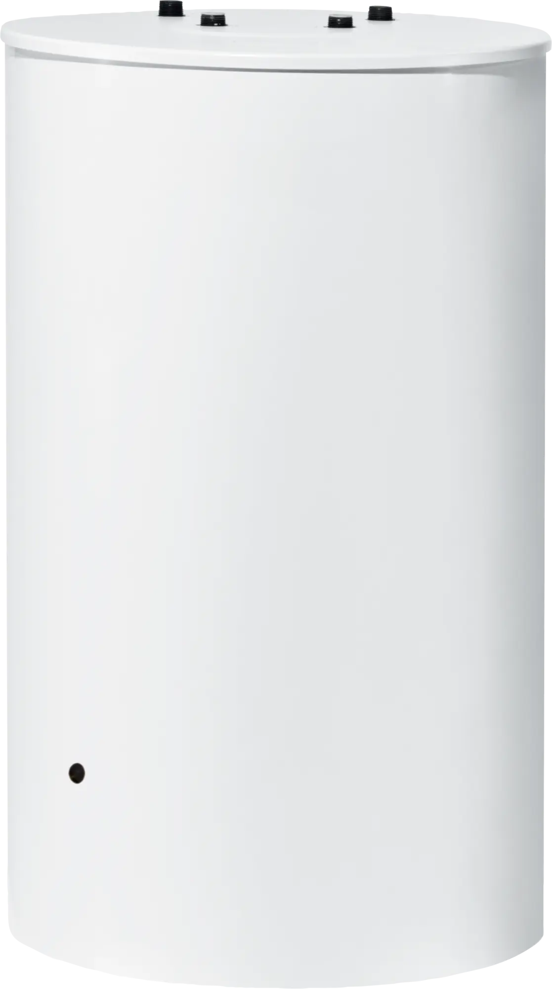 Bosch WSTB 120 O enamelled steel hot water tank with white PVC cover, top-mounted connections, and energy-efficient thermal insulation.