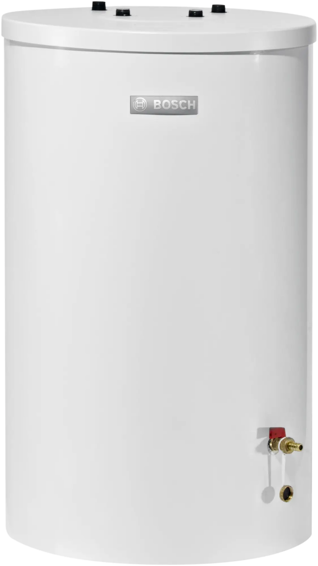 Bosch WST 120-5O standing indirect water heater with 120-liter capacity, top connections, and dual heat exchanger coils for boiler and solar heating.