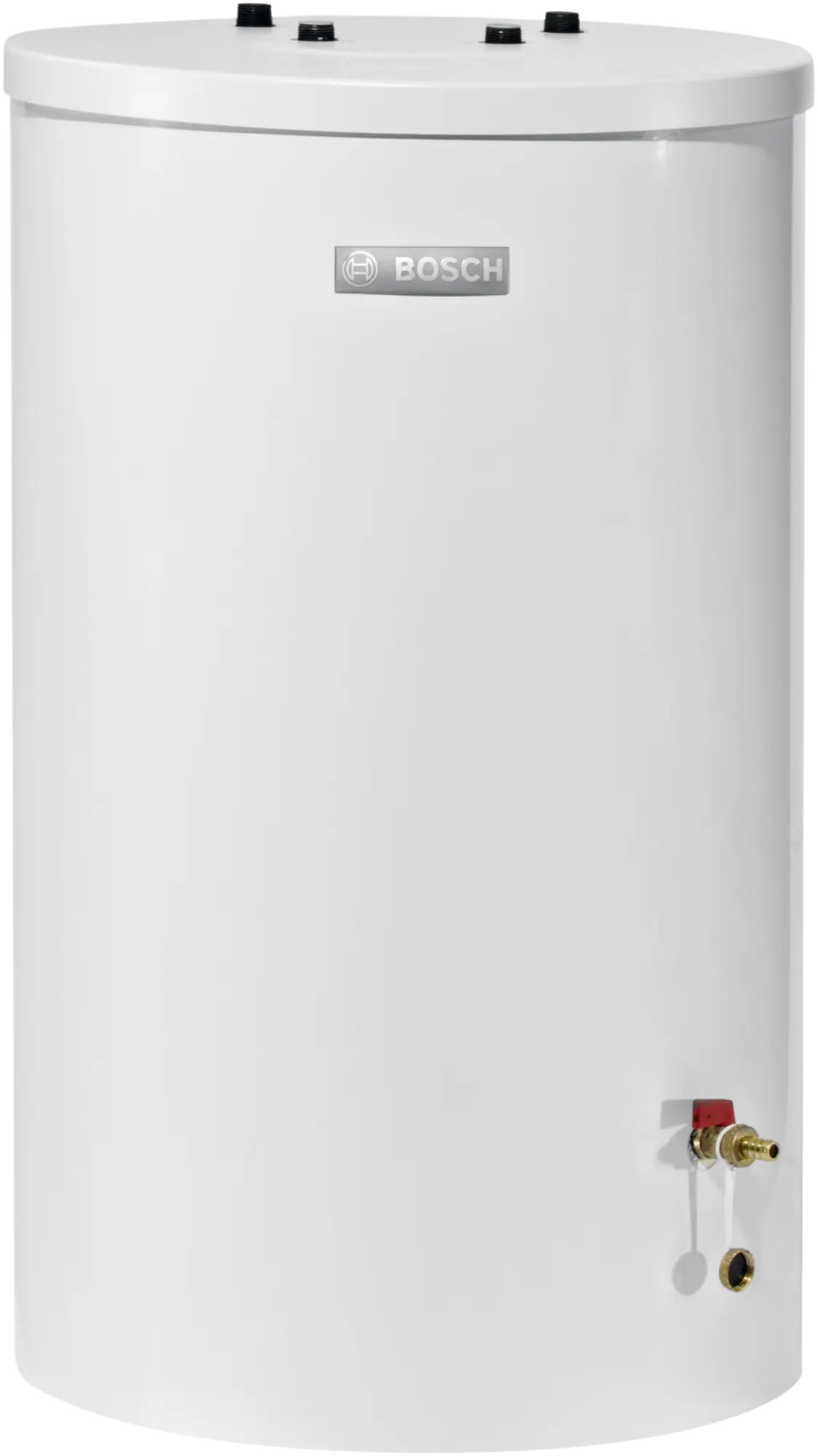 Bosch WST 120-5O standing indirect water heater with 120-liter capacity, top connections, and dual heat exchanger coils for boiler and solar heating.