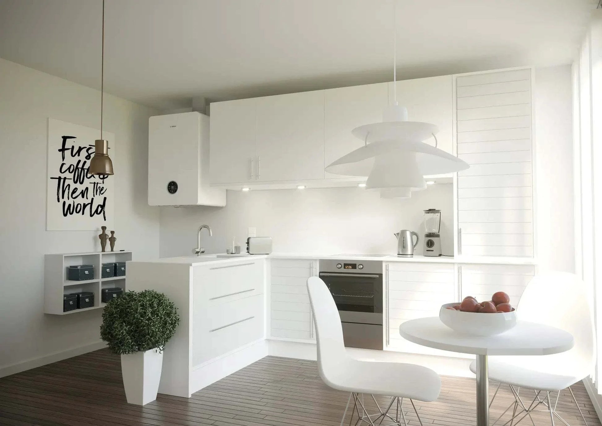 Bosch Condens 5700i WT wall-mounted gas boiler with integrated hot water tank installed in a modern white kitchen.