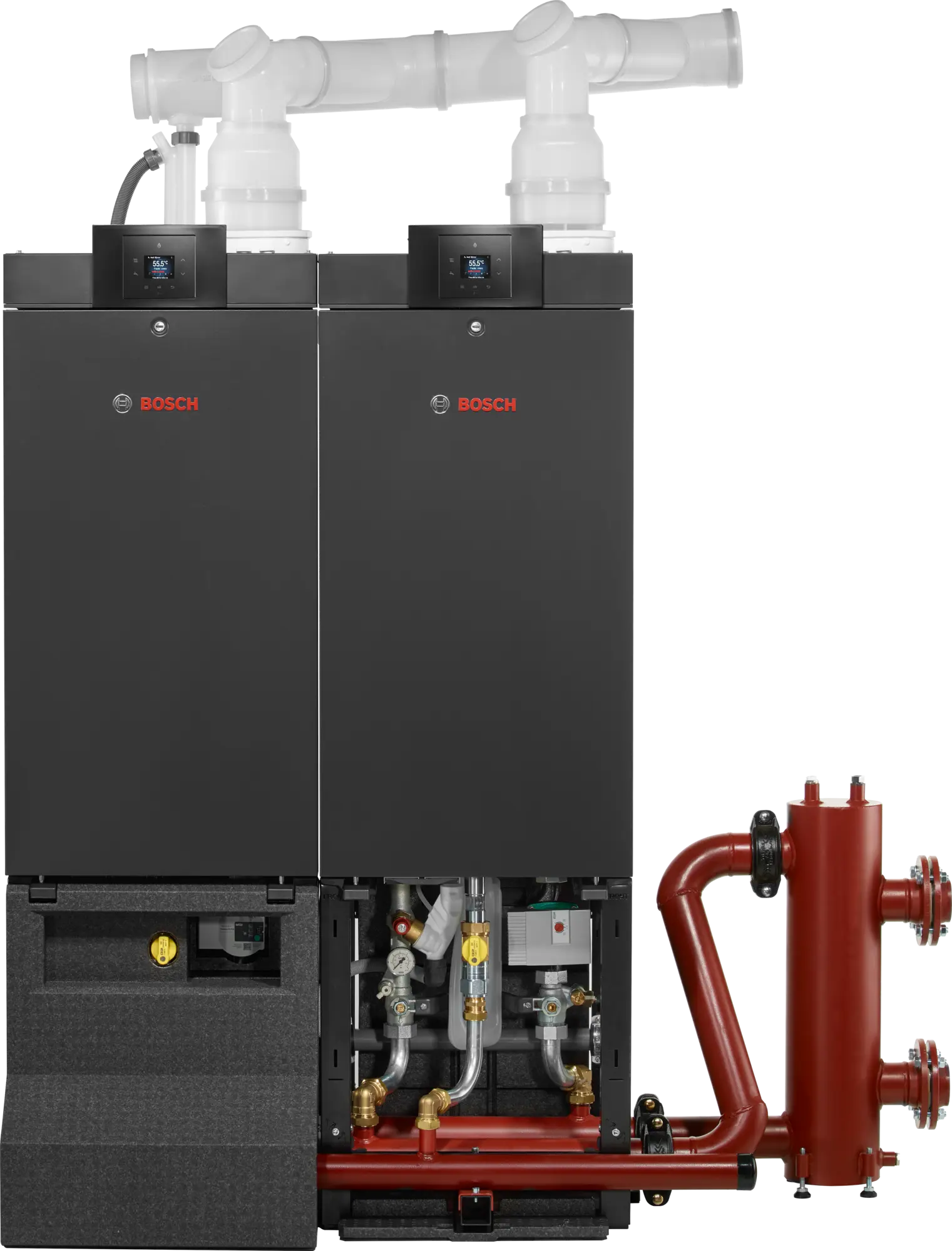 Bosch Condens 7000 WP condensing boiler for large buildings with compact design and cascade connection option.