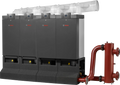 Bosch Condens 7000 WP compact condensing boiler cascade system for large buildings with high energy efficiency and hydrogen-ready fuel options.