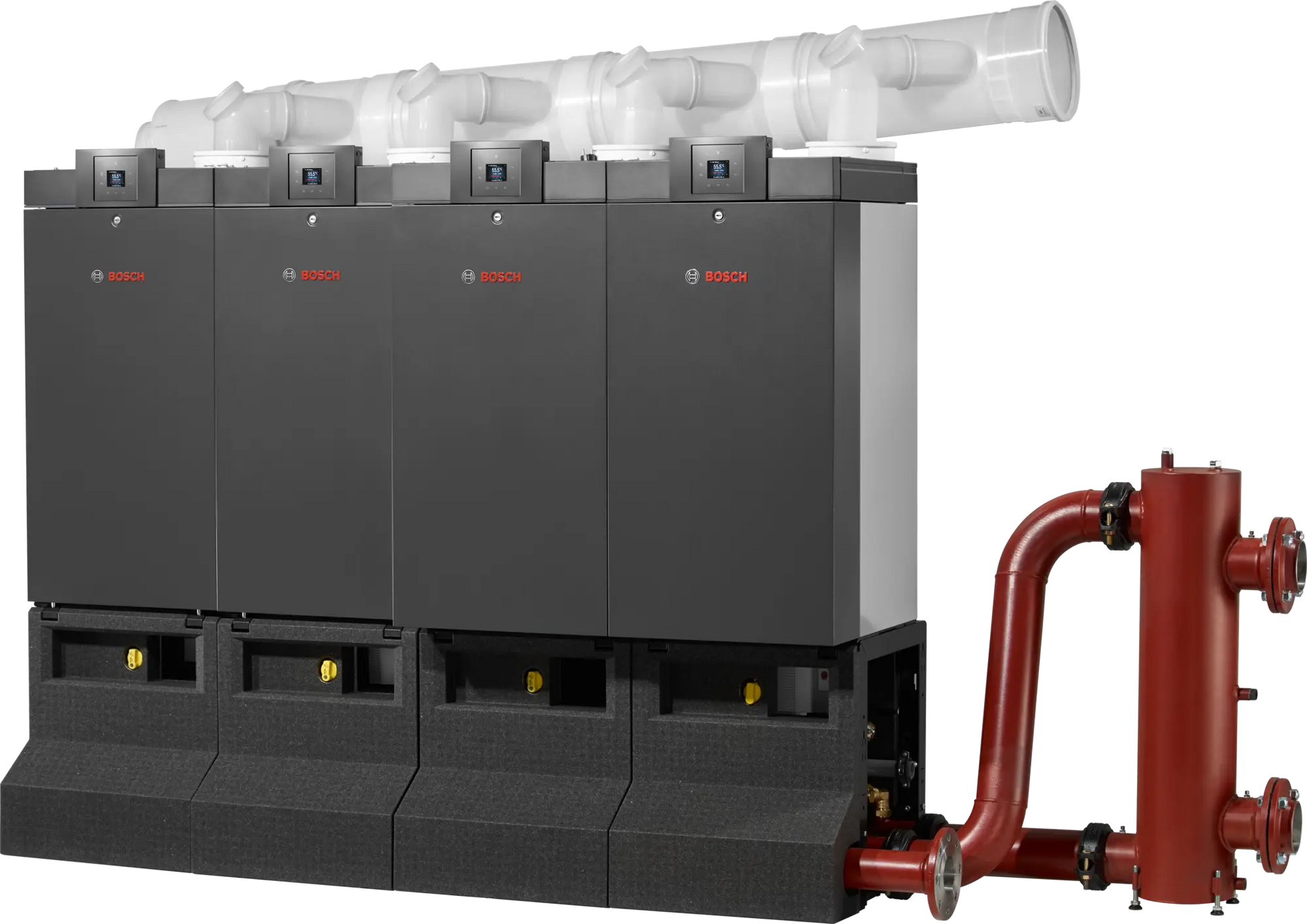 Bosch Condens 7000 WP compact condensing boiler cascade system for large buildings with high energy efficiency and hydrogen-ready fuel options.