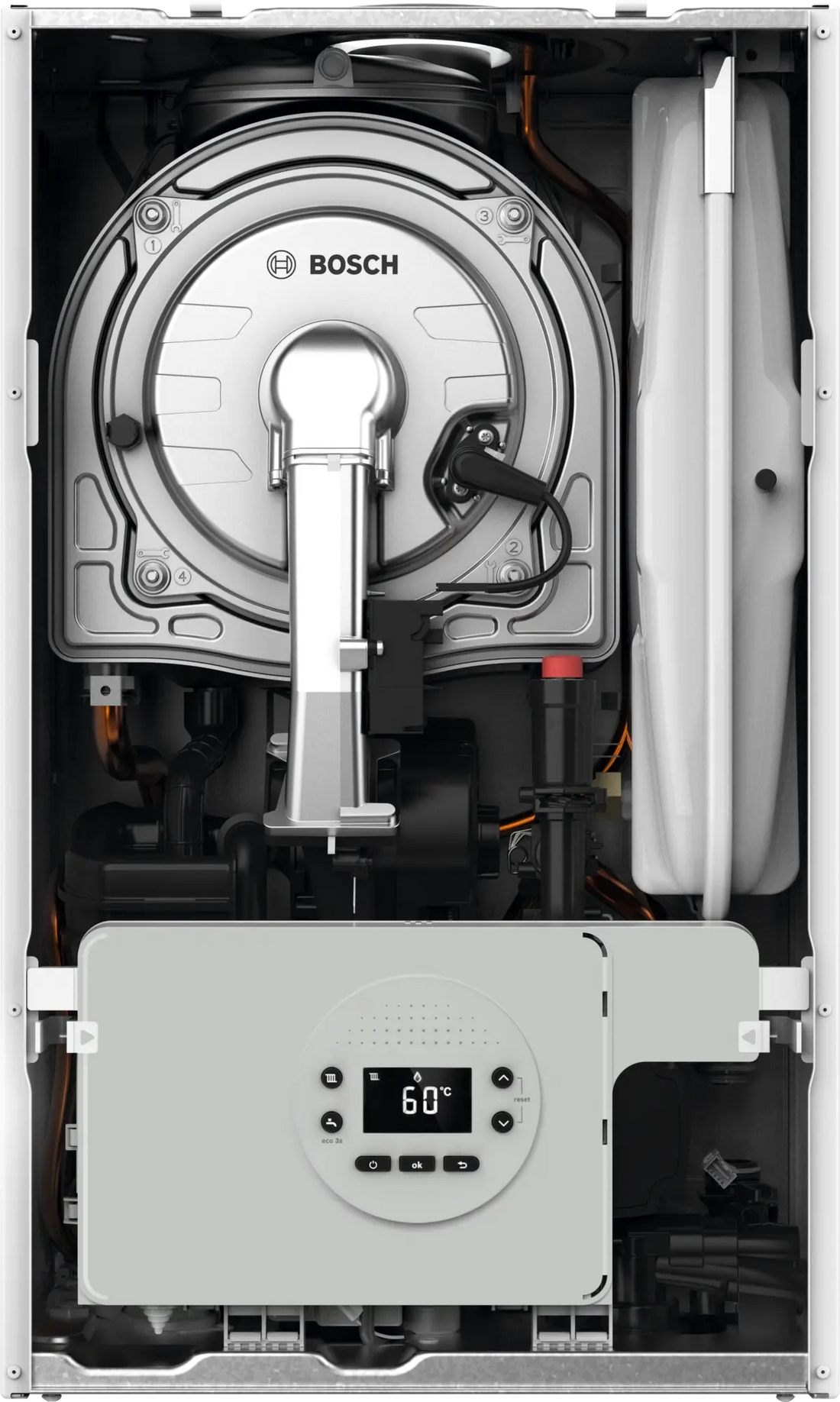 Bosch Condens 1200 W compact gas boiler with digital control panel for heating and hot water.