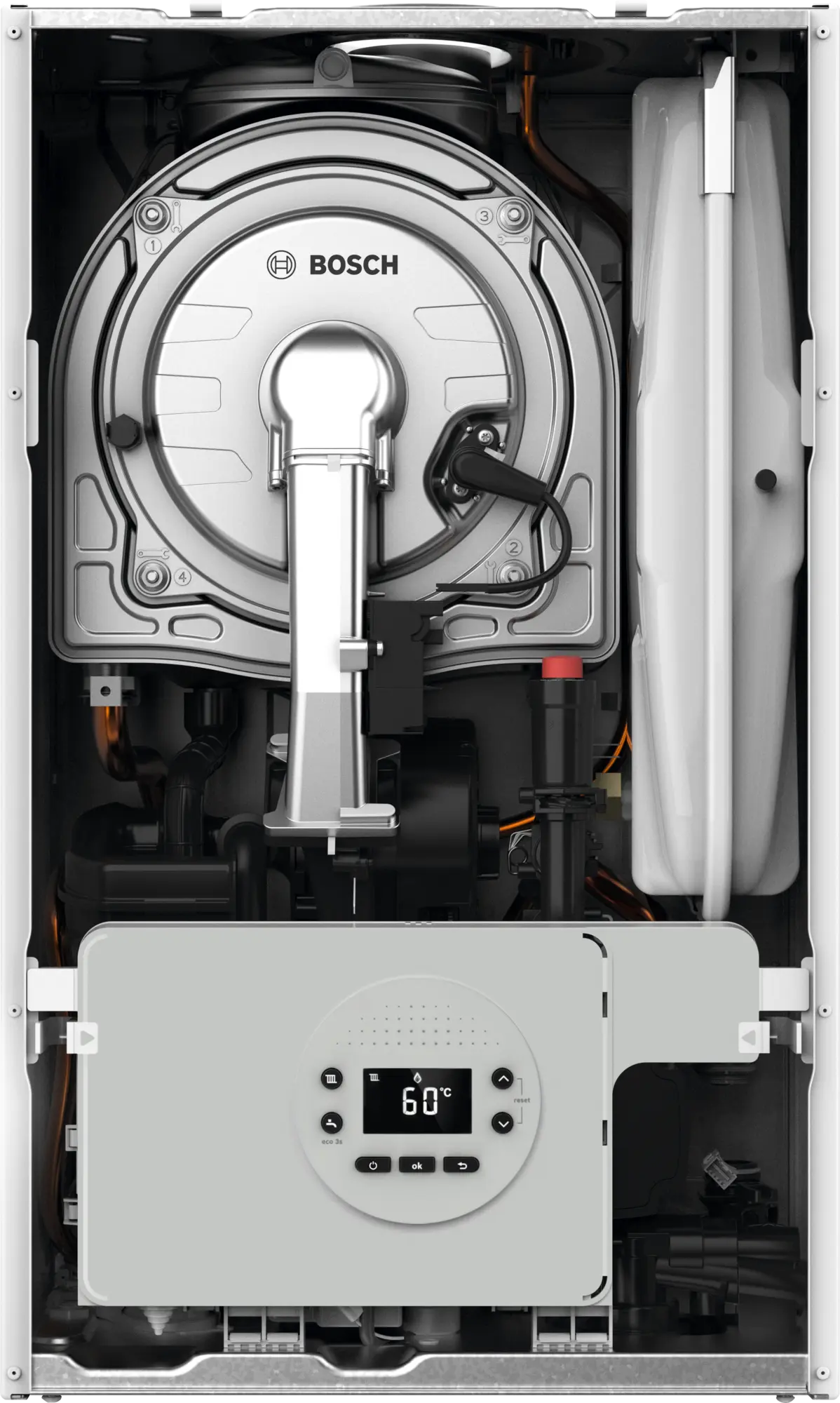 Bosch Condens 1200 W compact gas boiler with electronic control panel for efficient home heating and hot water.