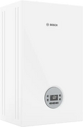 Bosch Condens 1200 W double-circuit gas boiler with 24 kW output, compact white design, 2.4-inch LC display, energy efficiency class A, suitable for heating and hot water.