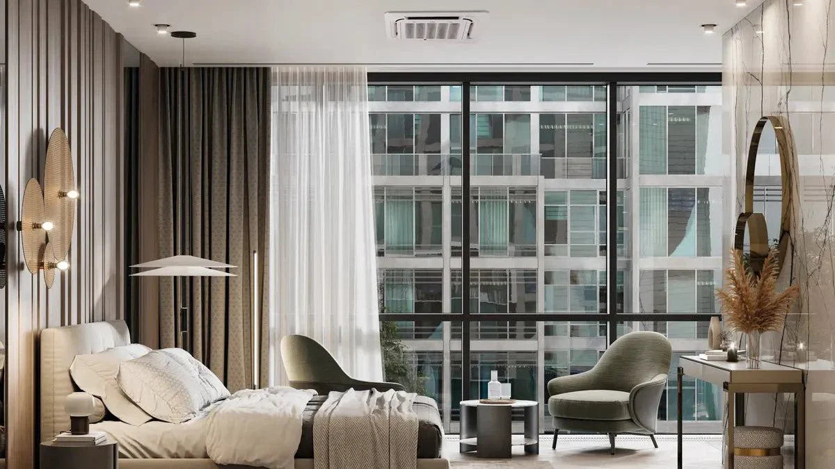 Bosch Climate 5000iU 4-way cassette air conditioner installed in modern bedroom with large window and elegant interior.