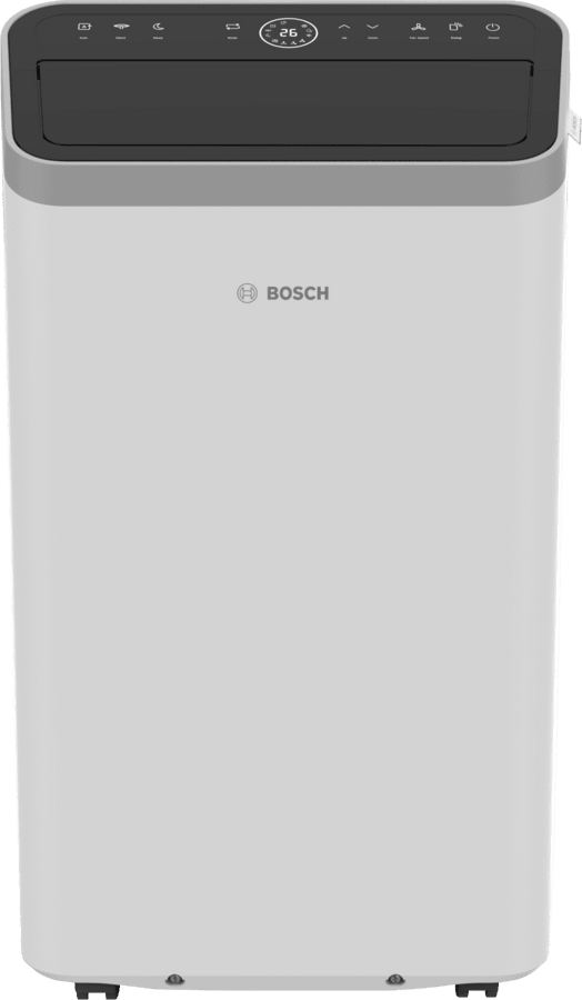 Bosch Cool 4000 mobile air conditioner with 2.6kW cooling, A+ efficiency, dehumidifier, fan modes, and portable design