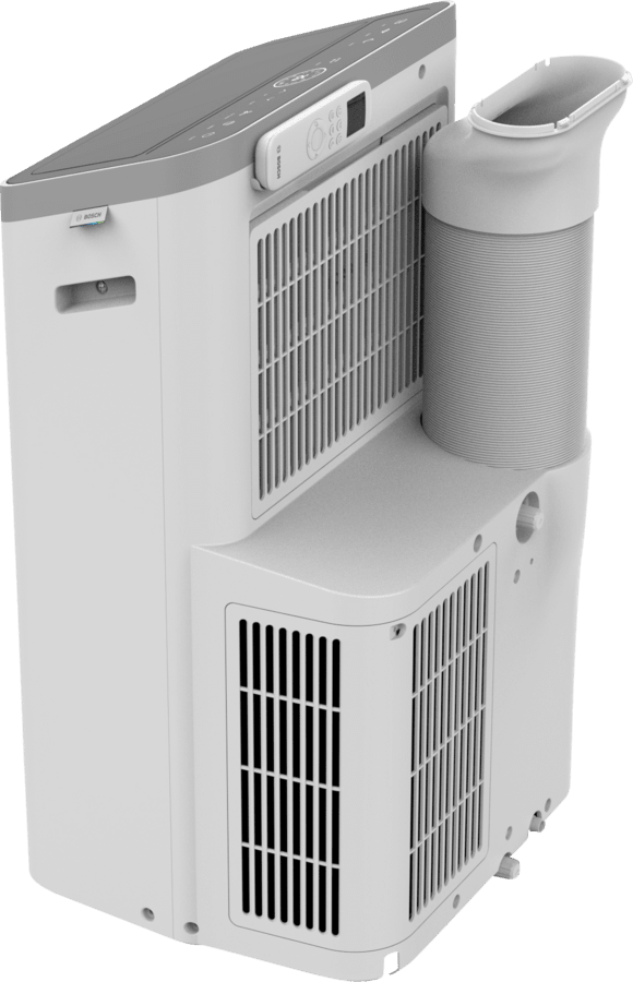 Bosch Cool 4000 portable mobile air conditioner with sleek design, LED display, remote control, and exhaust hose for efficient cooling and dehumidification.