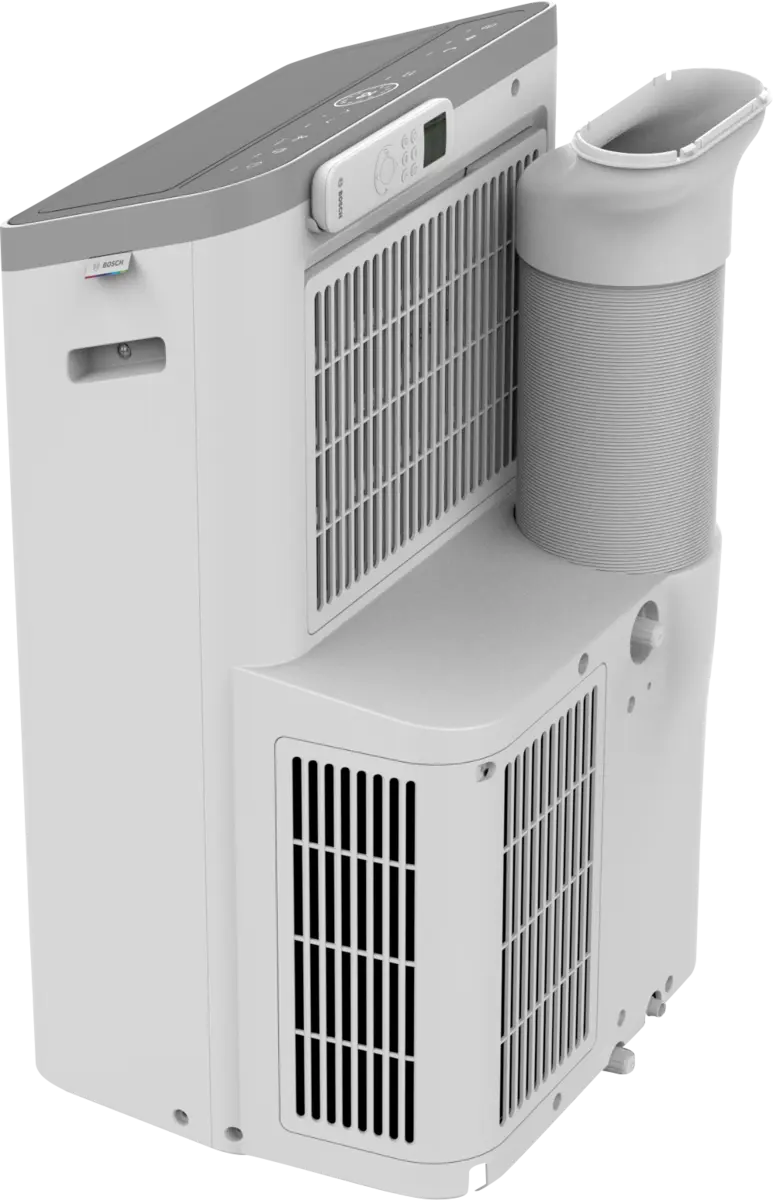 Bosch Cool 5000 mobile air conditioner with inverter technology, energy-efficient cooling, dehumidifying, and ventilation functions.