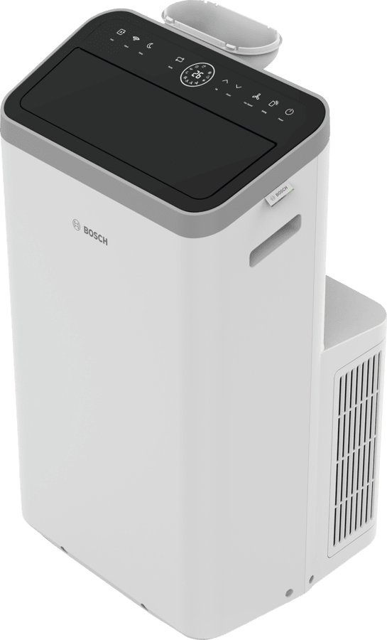 Portable Bosch Cool 4000 mobile air conditioner with LED touch display and exhaust hose for efficient cooling and dehumidification