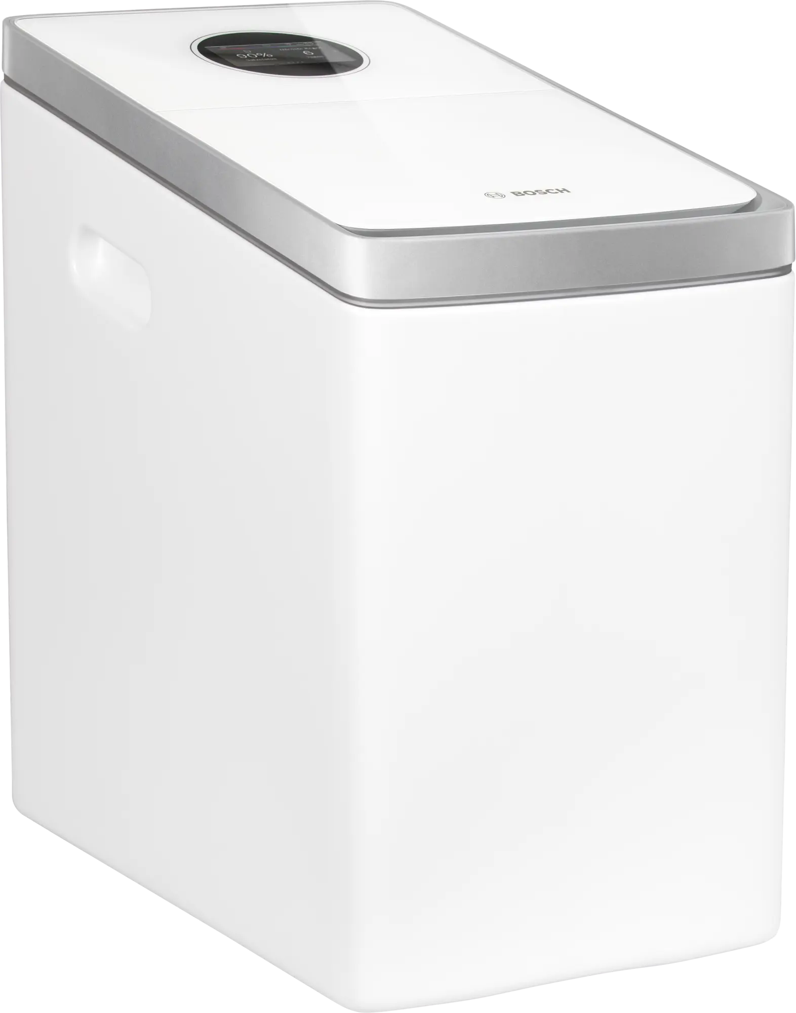 Bosch Aqua 8000i S water softening station with 26-liter capacity, touch control panel, salt level sensor, and smart app connectivity