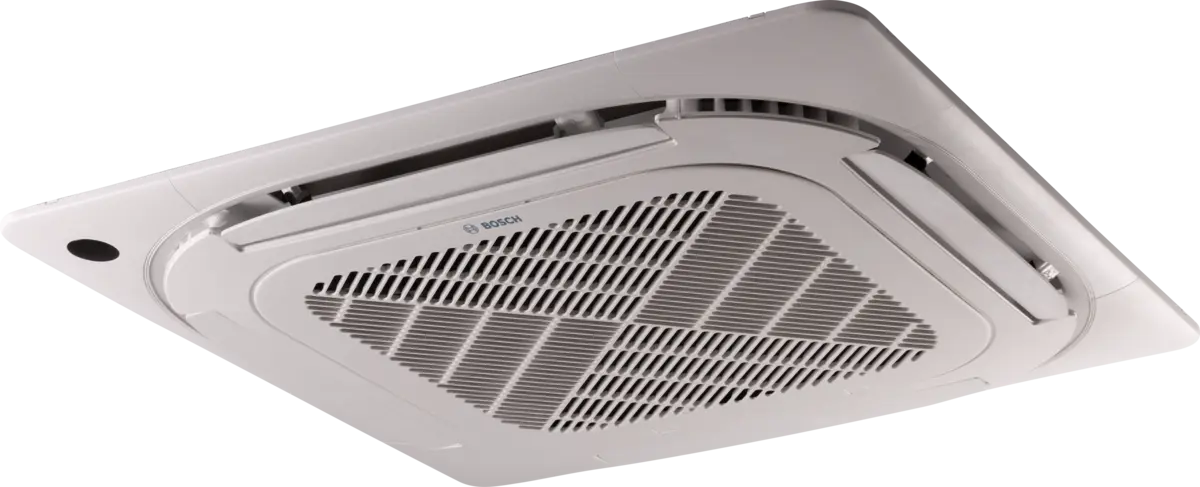 Bosch Climate 5000iU modern 4-way cassette ceiling air conditioner with sleek design and advanced temperature control features.