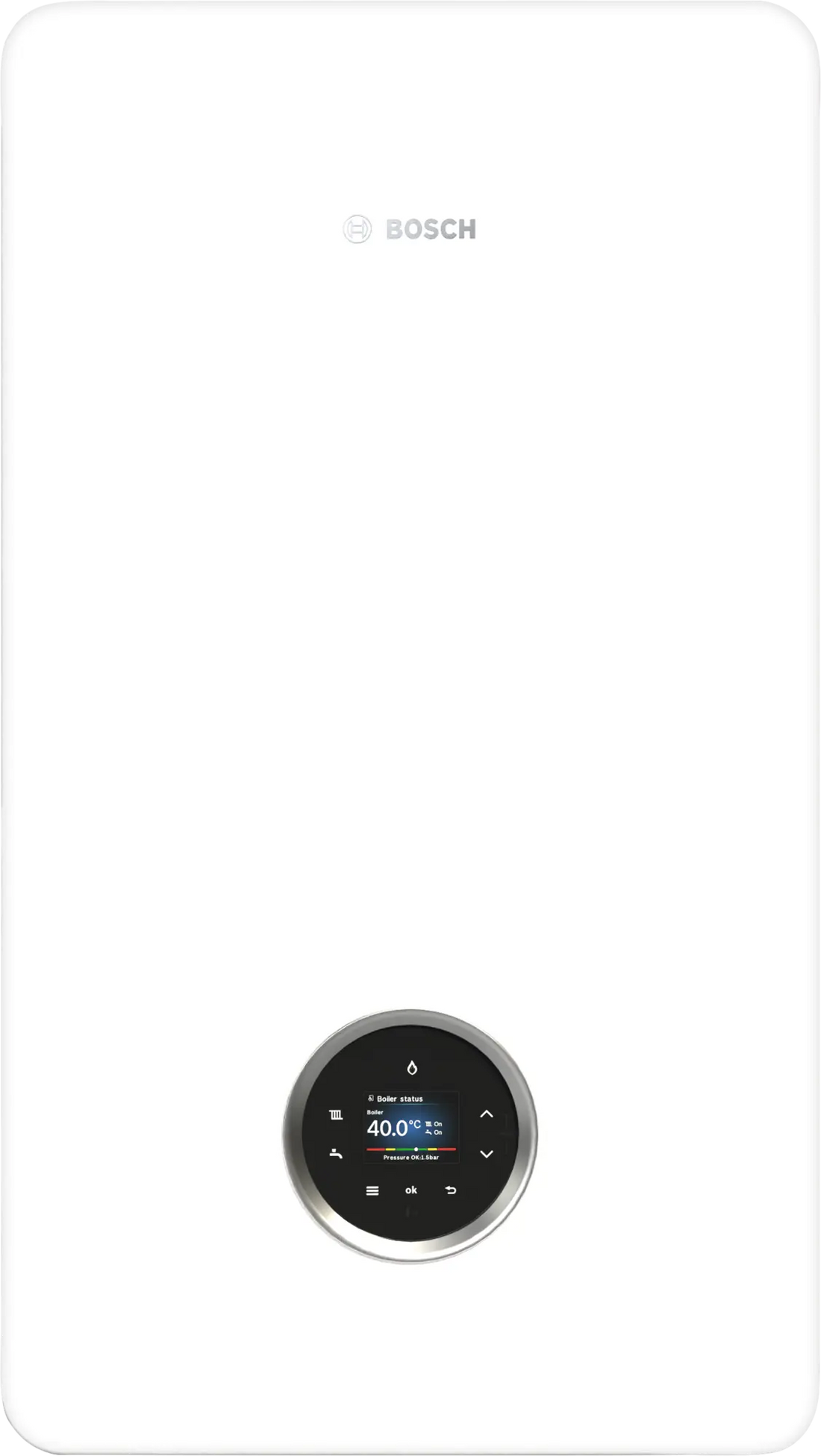 Bosch Condens 5700i W gas condensing boiler with color touchscreen, energy-efficient and wall-mounted design.