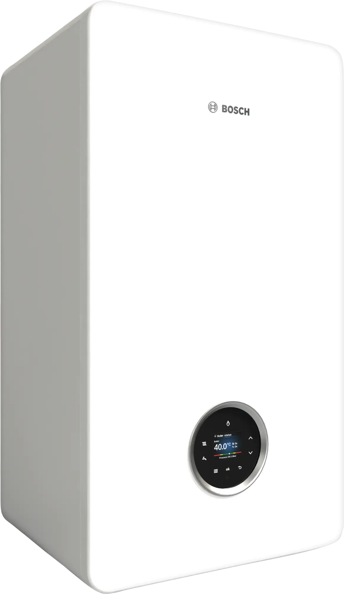 Bosch Condens 5700i W white wall-mounted gas condensing boiler with color touchscreen display and modern design