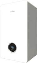 Bosch Condens 5700i W wall-mounted gas condensing boiler with white modern design and touchscreen display for energy-efficient heating.