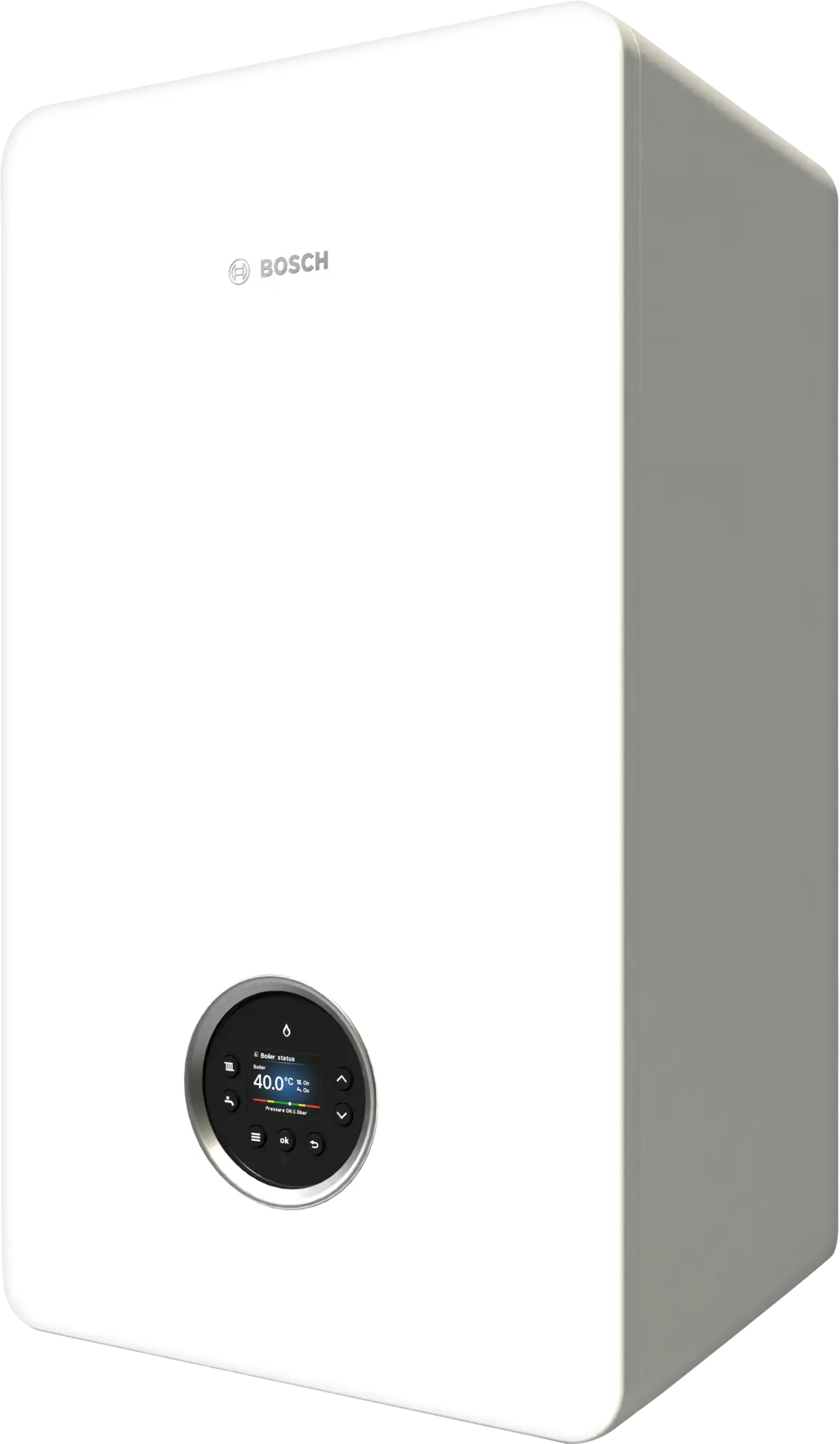 Bosch Condens 5700i W wall-mounted gas condensing boiler with white modern design and touchscreen display for energy-efficient heating.