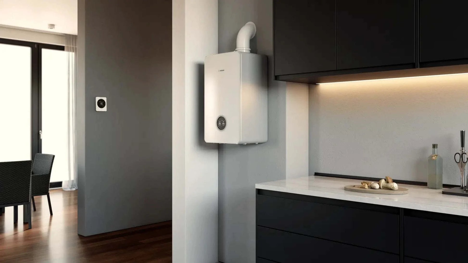 Bosch Condens 7800i W high-efficiency wall-mounted white gas boiler installed in modern kitchen interior