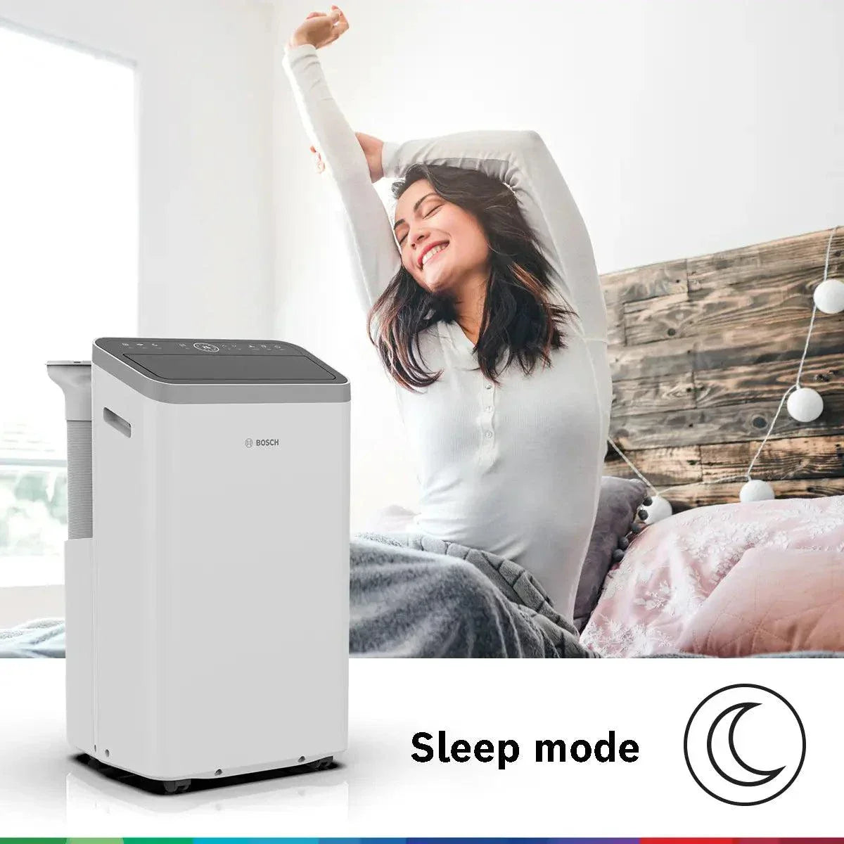 Bosch Cool 5000 mobile air conditioner in modern room with woman stretching, featuring sleep mode and inverter technology for energy-efficient cooling.