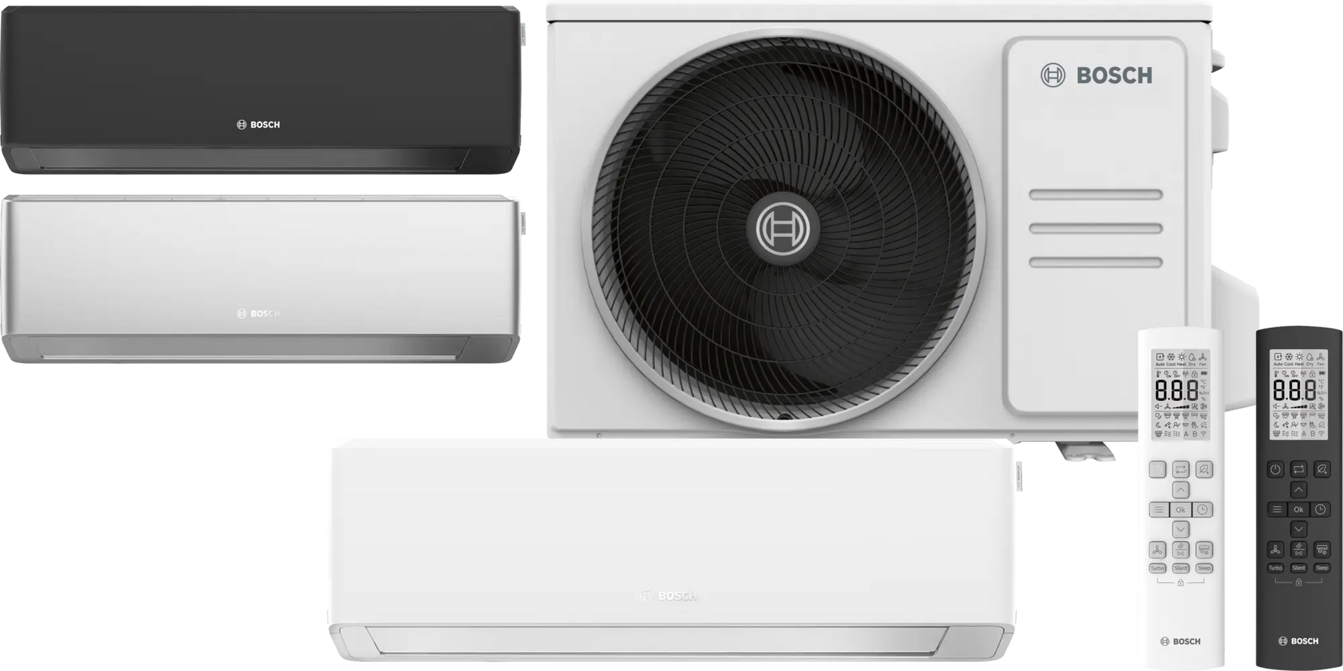 Bosch Climate 7000i inverter air conditioner set with black, white indoor units, outdoor unit, and remote controls, featuring A+++ energy efficiency and smart home connectivity.
